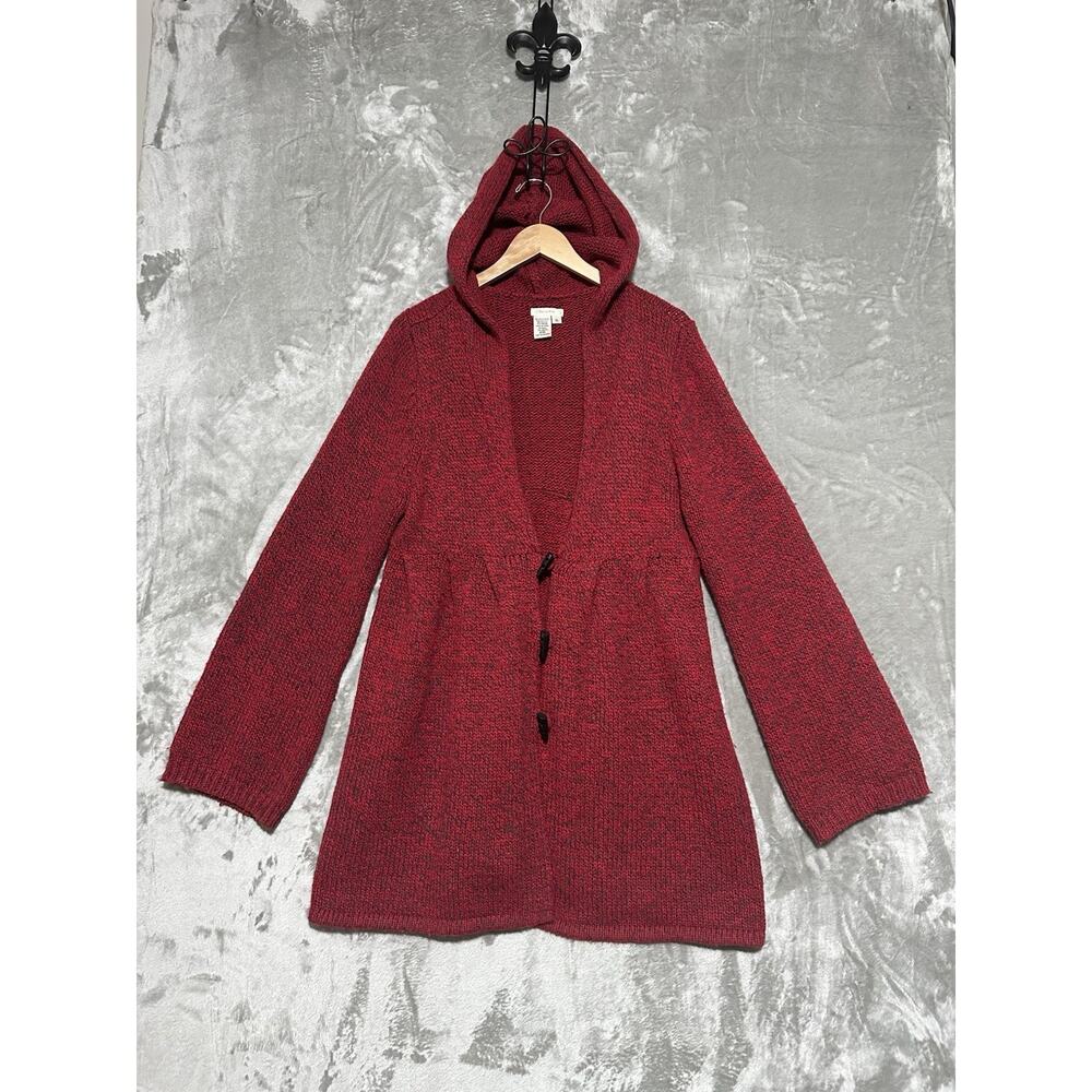 Sophie Max Chunky Knit Hooded Cardigan Duster Jacket Womens Sz XL Red Wool Blend